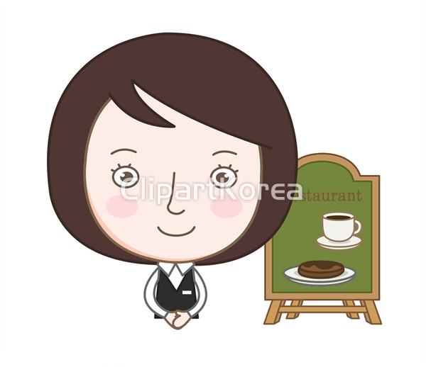 일러스트 - 클립아트코리아 :: 통로이미지(주) __적합한콘텐츠,감정,미소,사람,손모으기,여자,여자한명만,이모티콘,일러스트,입간판,종업원,직업인... 