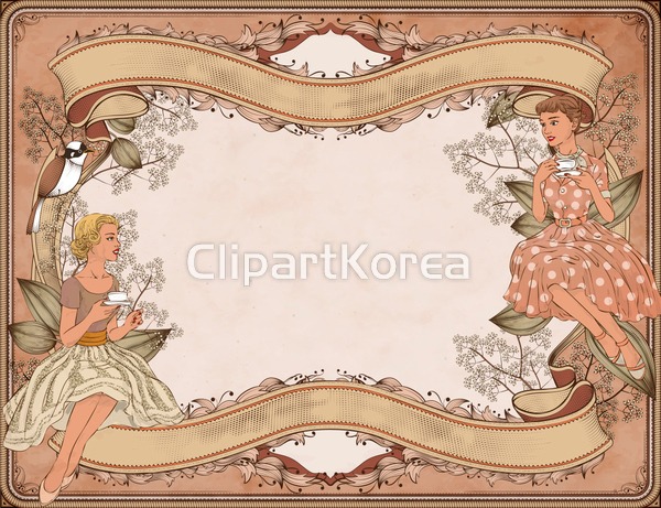 일러스트 - 클립아트코리아 :: 통로이미지(주) __적합한콘텐츠,나뭇잎,리본,백그라운드,복고,애프터눈티,여자,장식,조류,카피스페이스,프레임