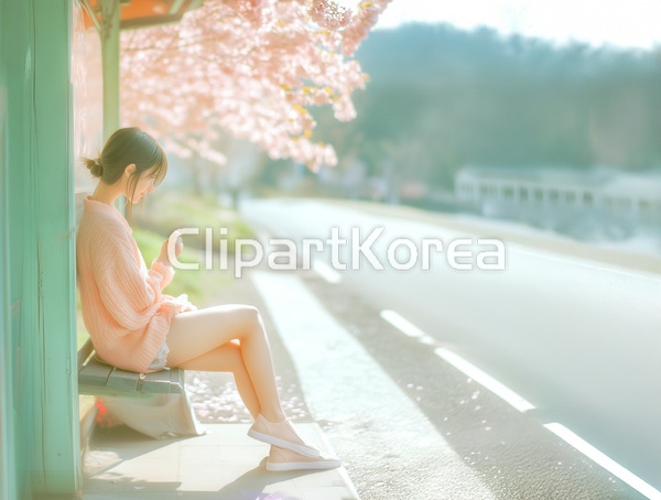 벚꽃이 만개한 도심 버스정류장에서 버스를 기다리고 있는 젊은 여성 한명 / tai00030001661 / JPG - 멤버십 AI이미지