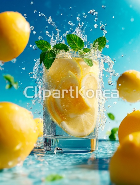 햇살 가득한 여름날, 파란 하늘 아래 물이 튀는 순간을 담은 레몬 민트 탄산수 한 컵. 보기만 해도 시원함이 전해진다. / tci00850000001... 